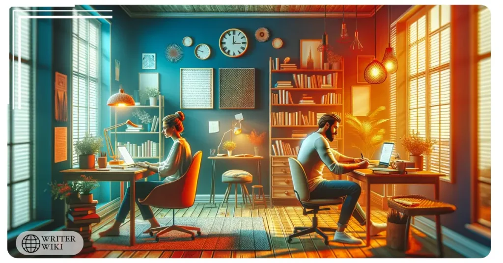 Cozy office with two writers demonstrating body doubling, one using a laptop and another with a notebook, in a creatively inspiring setting.